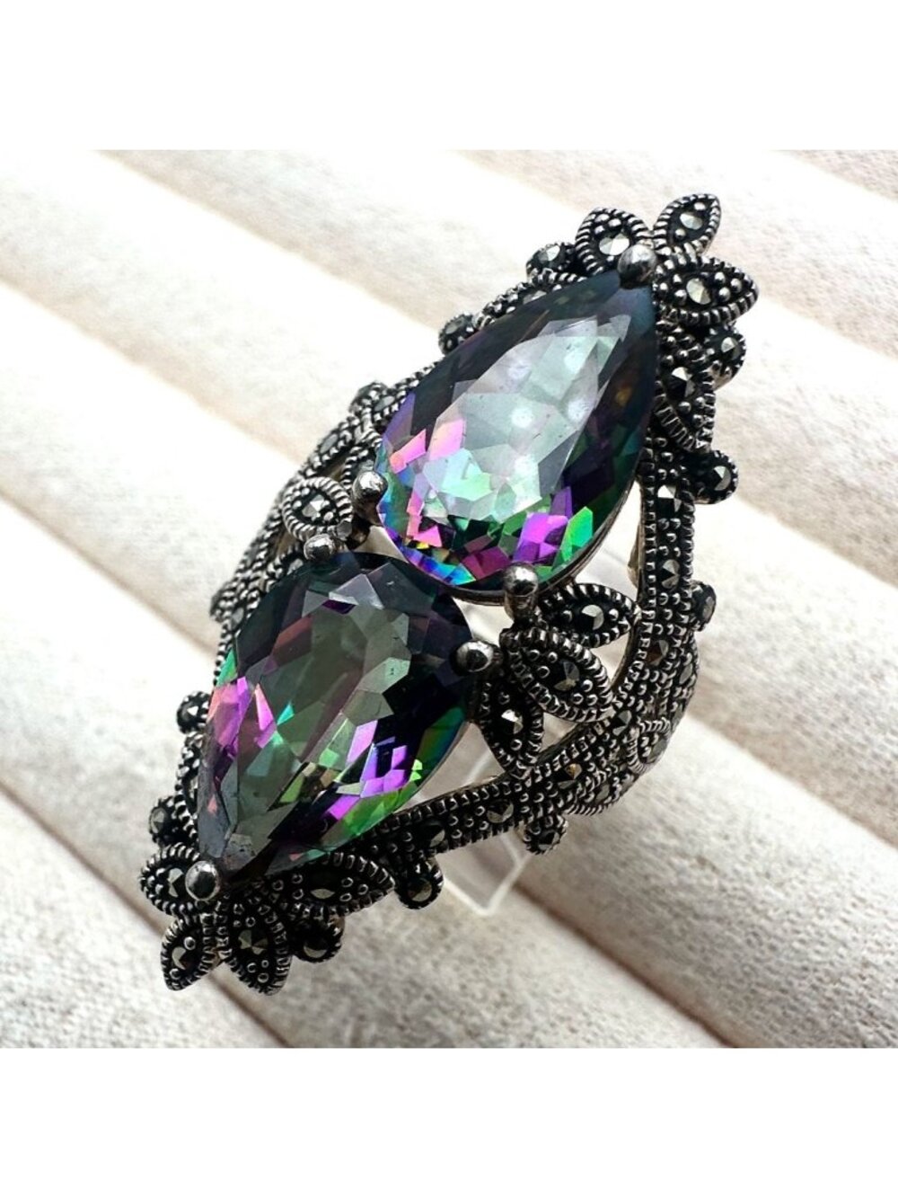 Mystic Topaz Marcasite Sterling Silver Ring Size 8 Designer BBJ Large Statement